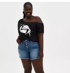 ❄️❄️ Torrid 2x Lattice Off Shoulder Tee - Heritage Slub Lips Black